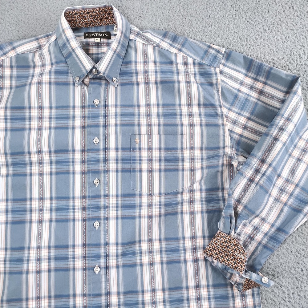 Stetson Shirt Mens XL Blue Plaid Flip Cuffs Button Down Long Sleeve Western